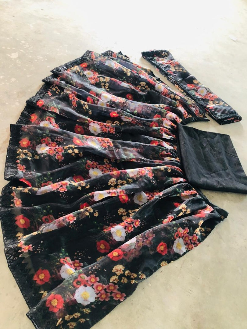 Black banglory silk digital floral printed partywear lehenga choli