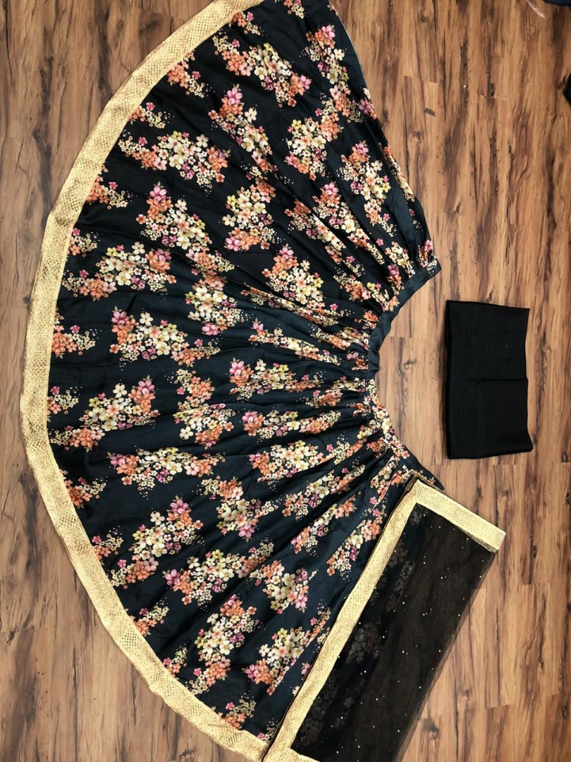 Black banglory silk flower printed lehenga choli