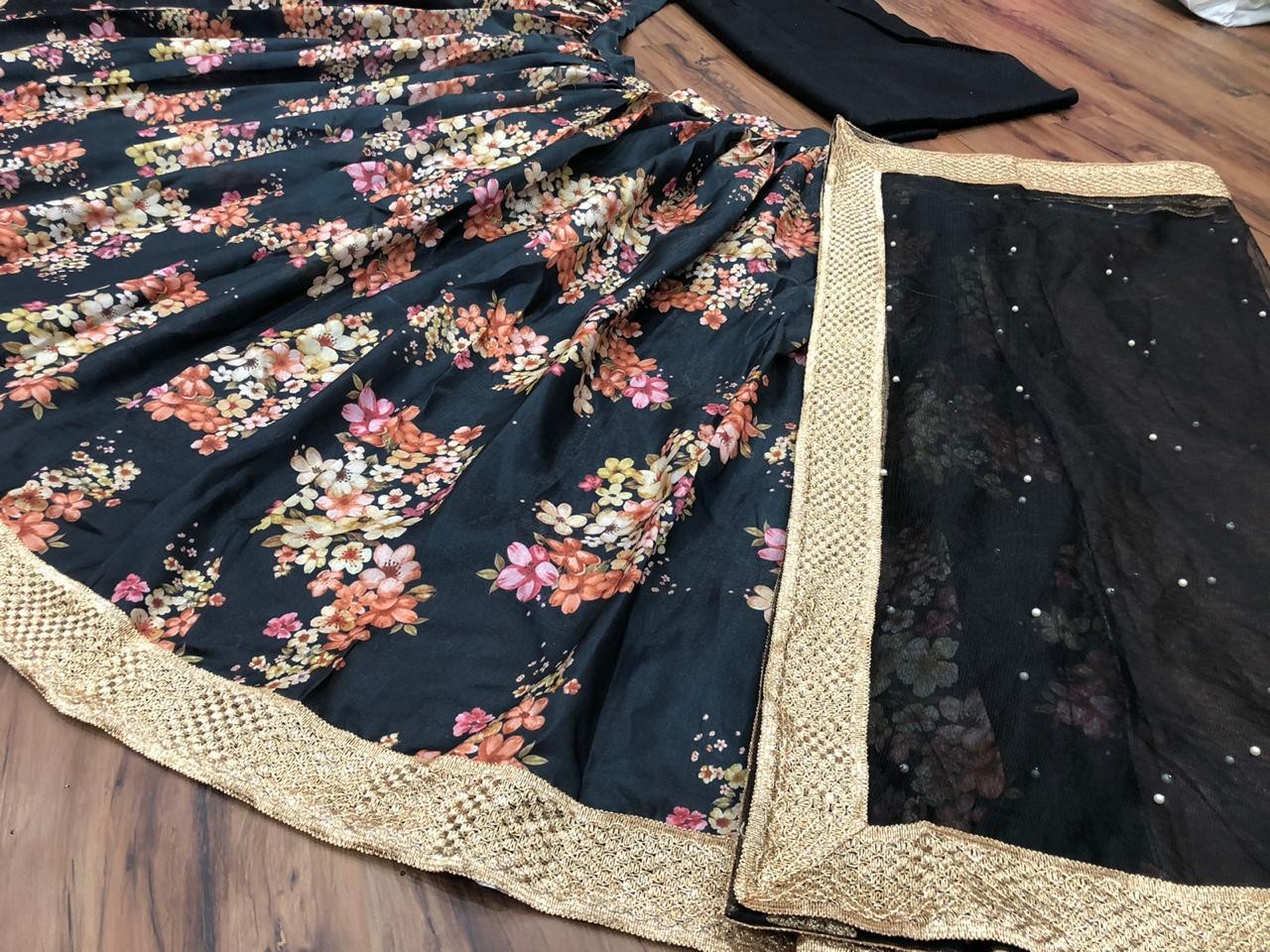 Black banglory silk flower printed lehenga choli