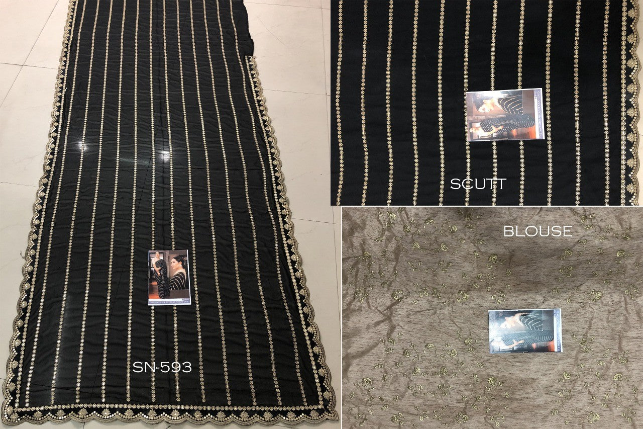 black bemberg georgette fancy thread and sequence worked partywear saree