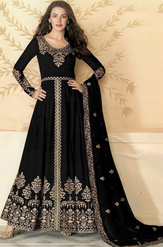 Black bluming georgette chain stich embroidered anarkali gown