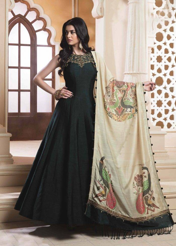 Black bright silk beautiful handworked gown with printed dupatta