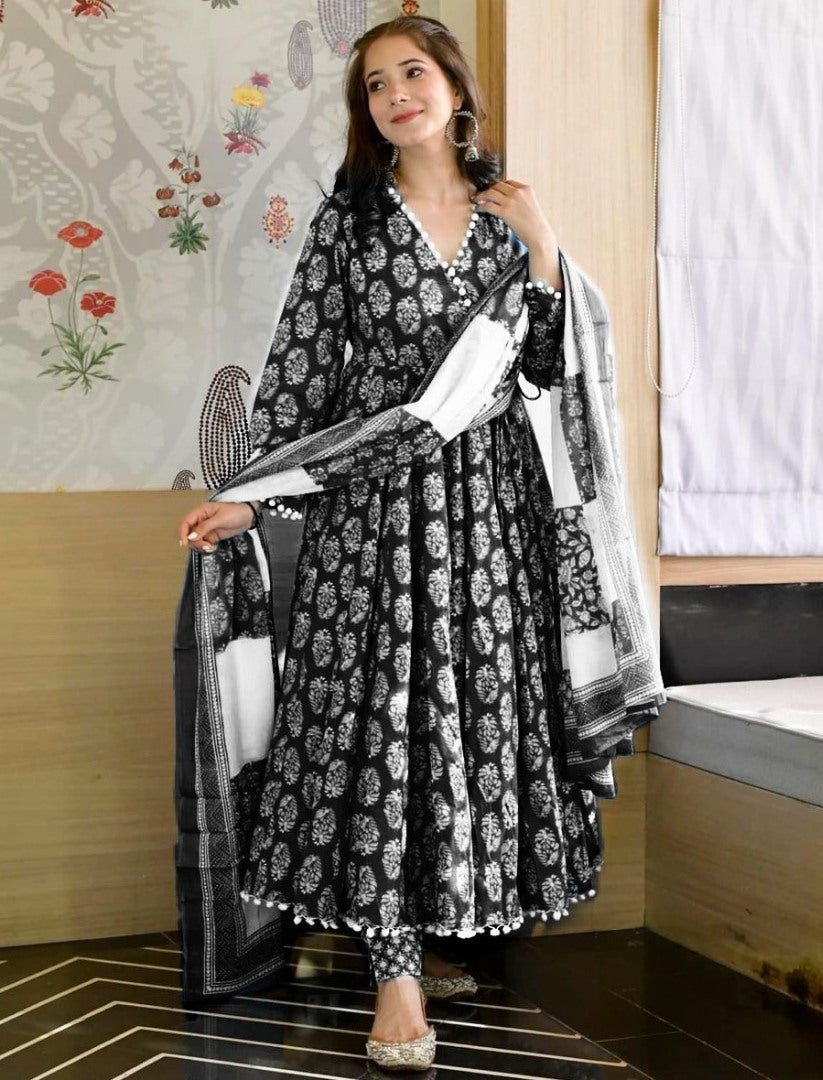 Black butter silk digial printed anarkali suit