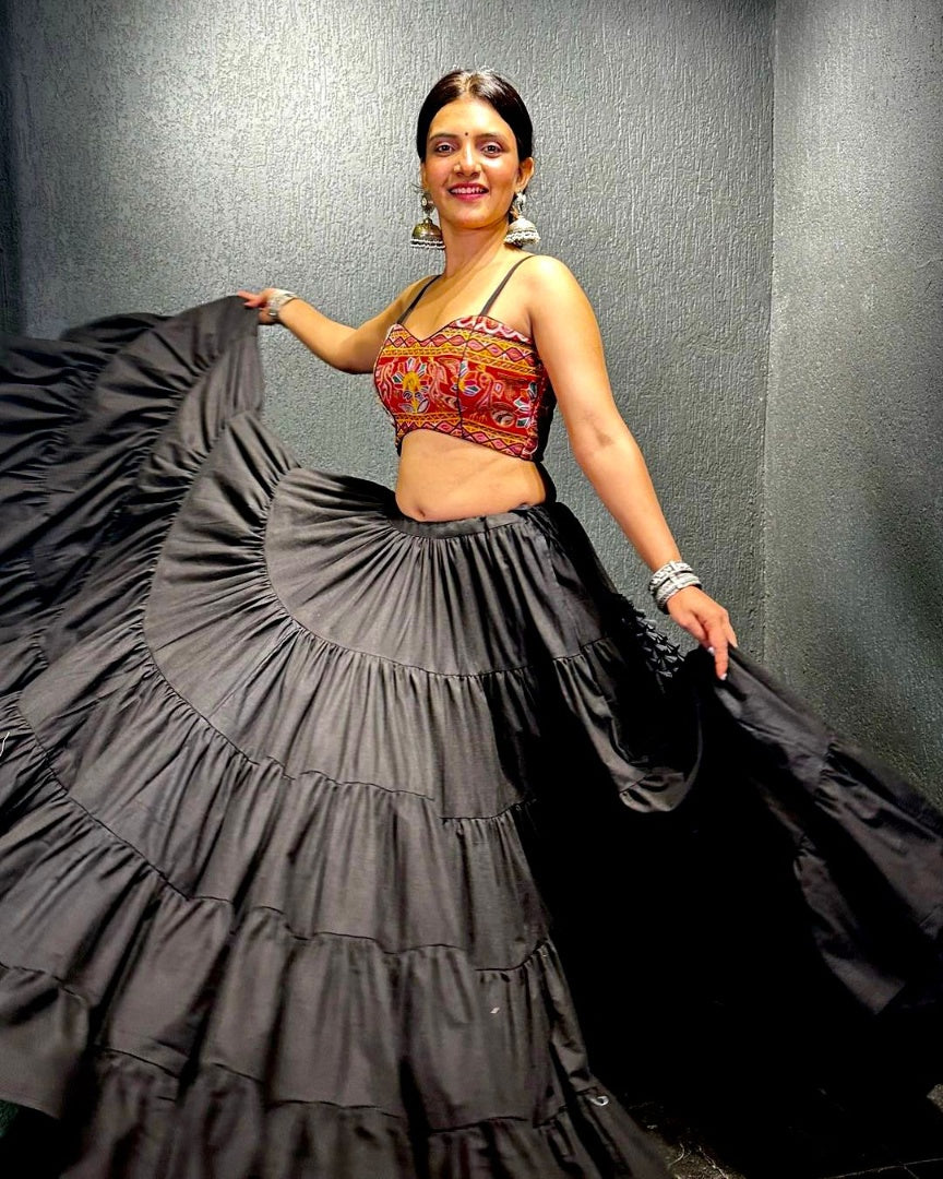 Black butter silk heavy flair crop top lehenga for navratri