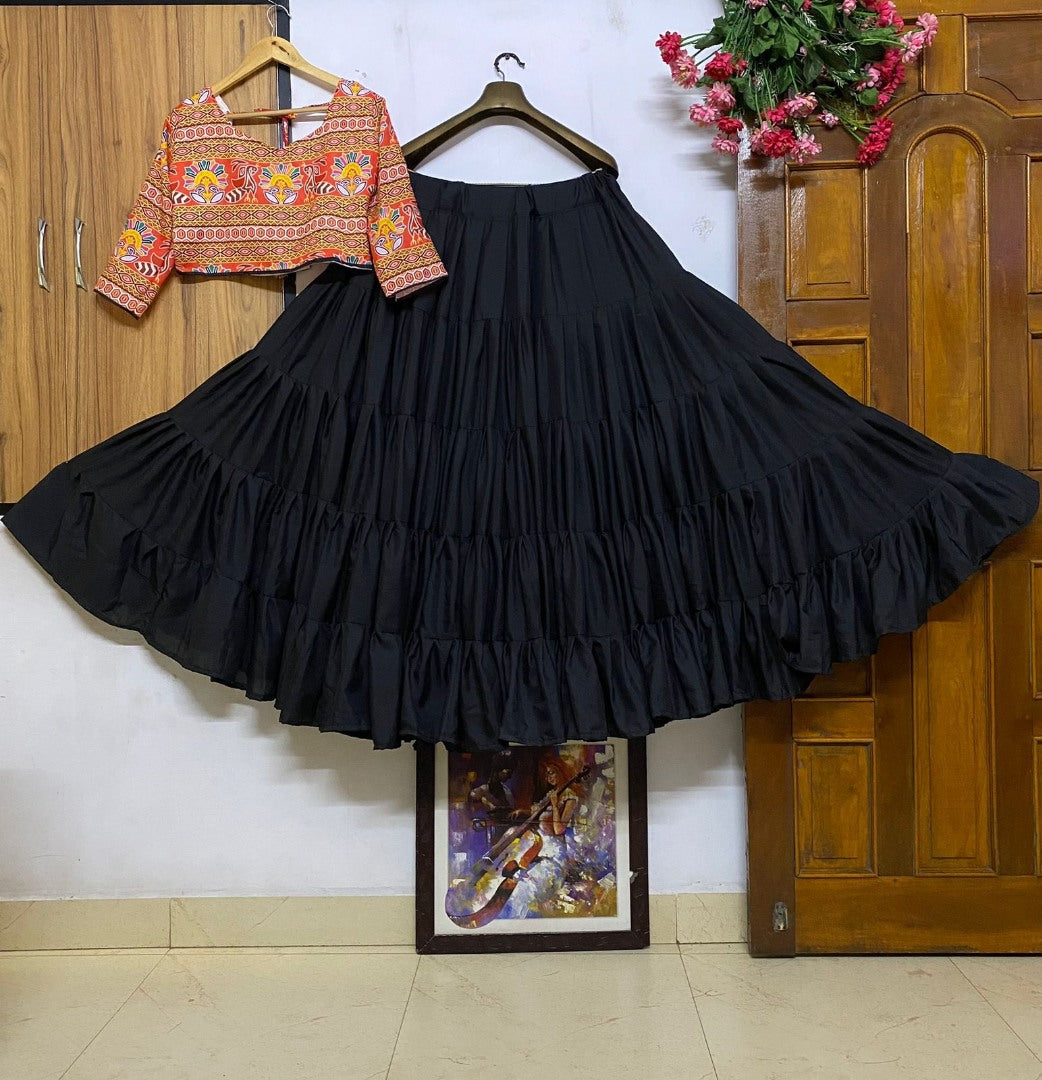 Black butter silk heavy flair crop top lehenga for navratri