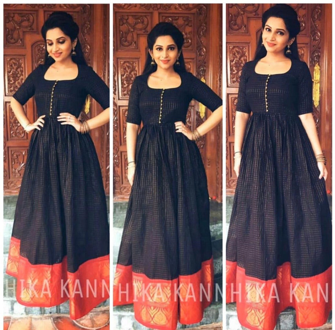 Black chanderi chex printed gown