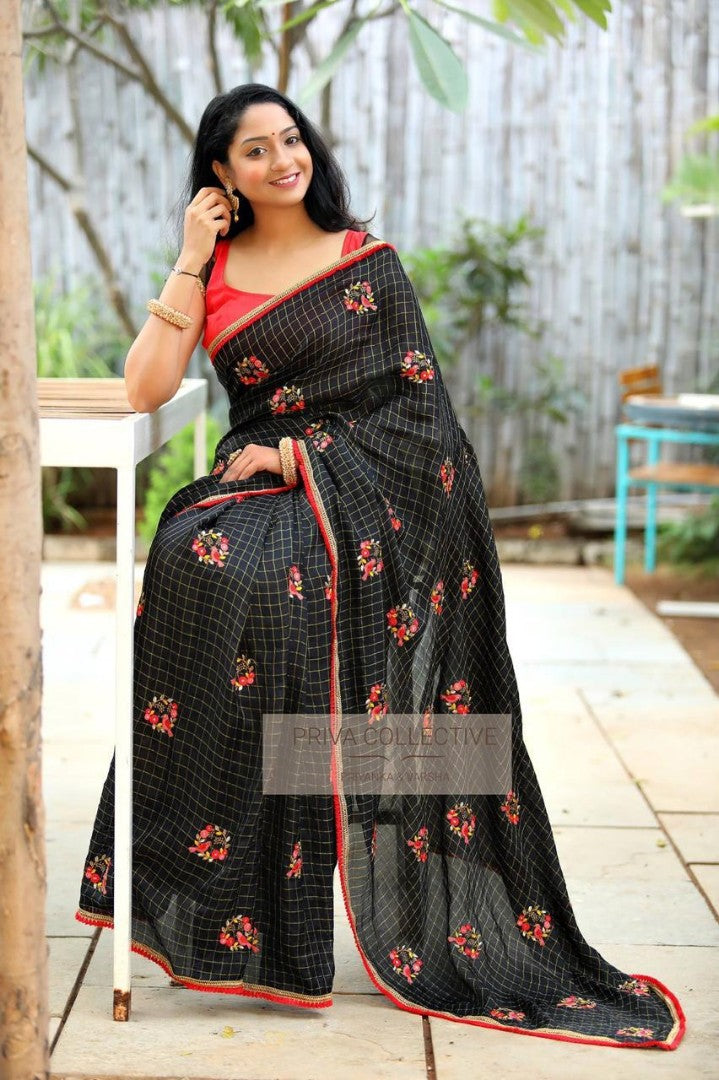 black chanderi silk checks embroidered saree