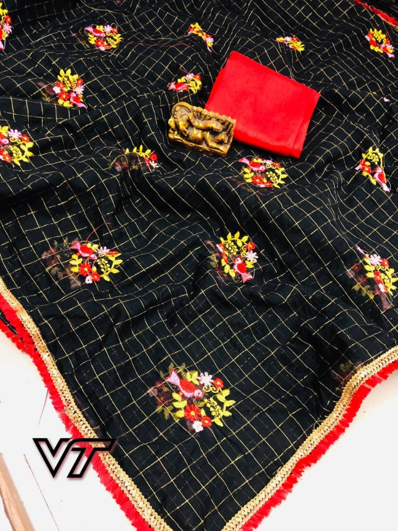 black chanderi silk checks embroidered saree