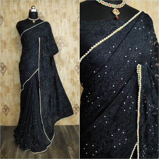 Black chantley net pearl work partywear saree