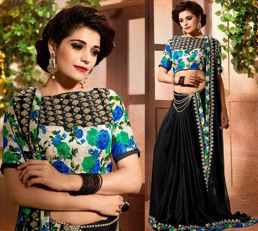 Black Colored Chinon Embroidered & Lace Bordered Saree Bordered