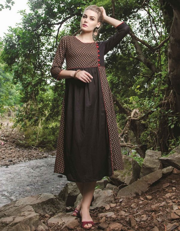 Black Colored Cotton Printed Stitched Kurti