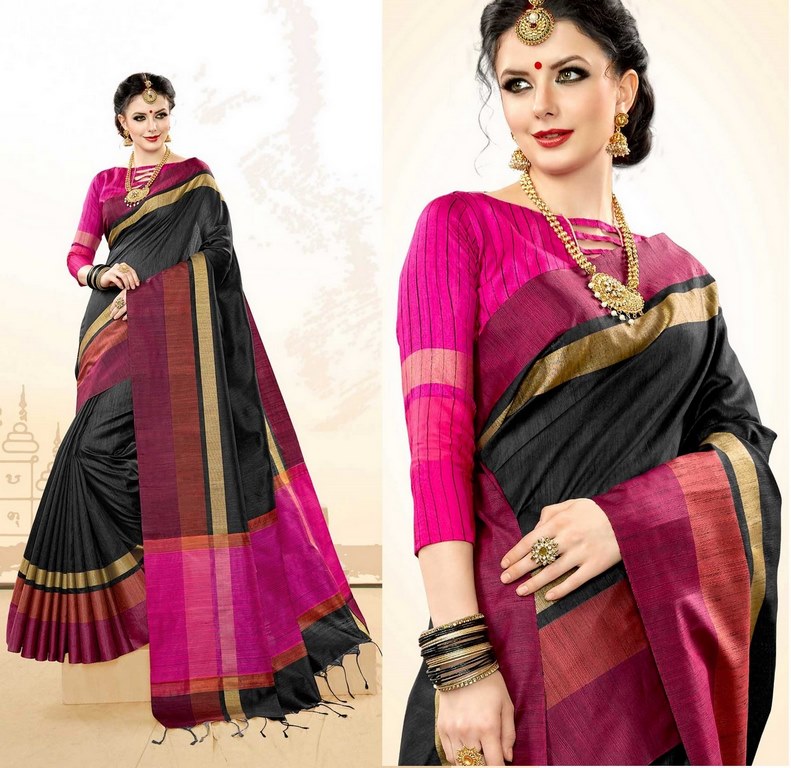 Black Colored Khadi Cotton Silk Weaving Work Saree