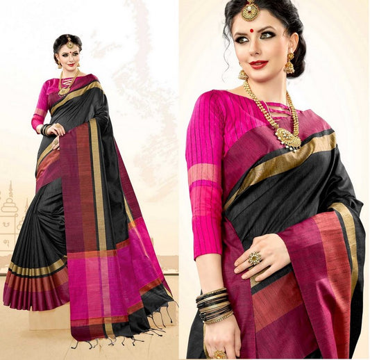 Black Colored Khadi Cotton Silk Weaving Work Saree