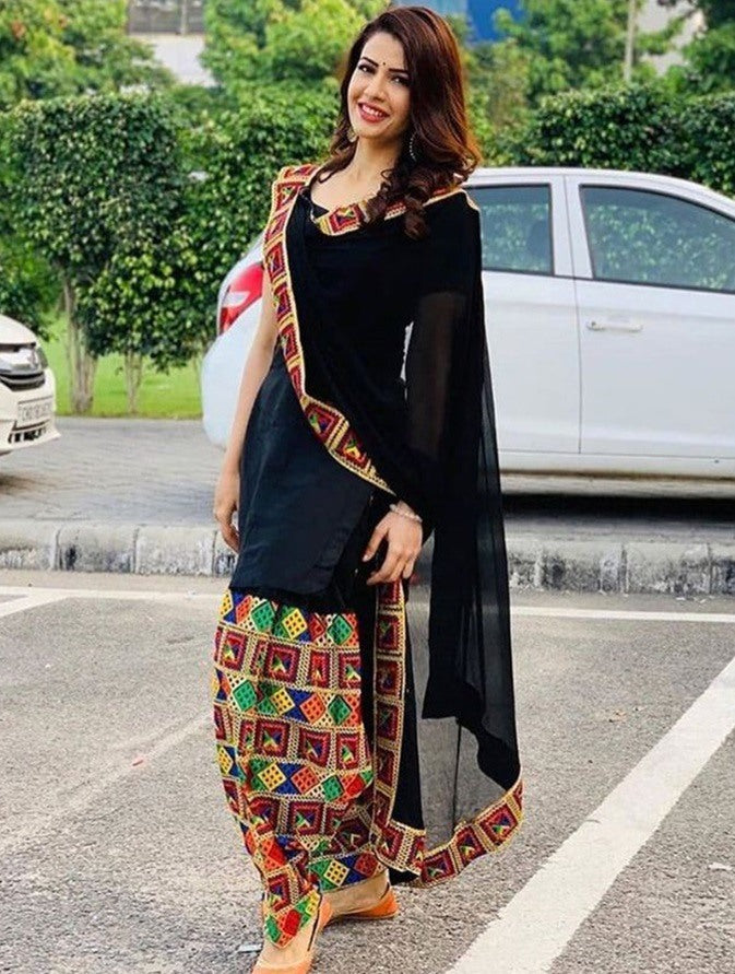 Black cotton bandhani printed patiala salwar suit