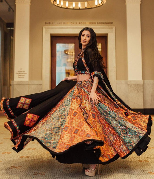 Black cotton print and mirror work gujarati garba ghagra navratri lehenga chaniya choli