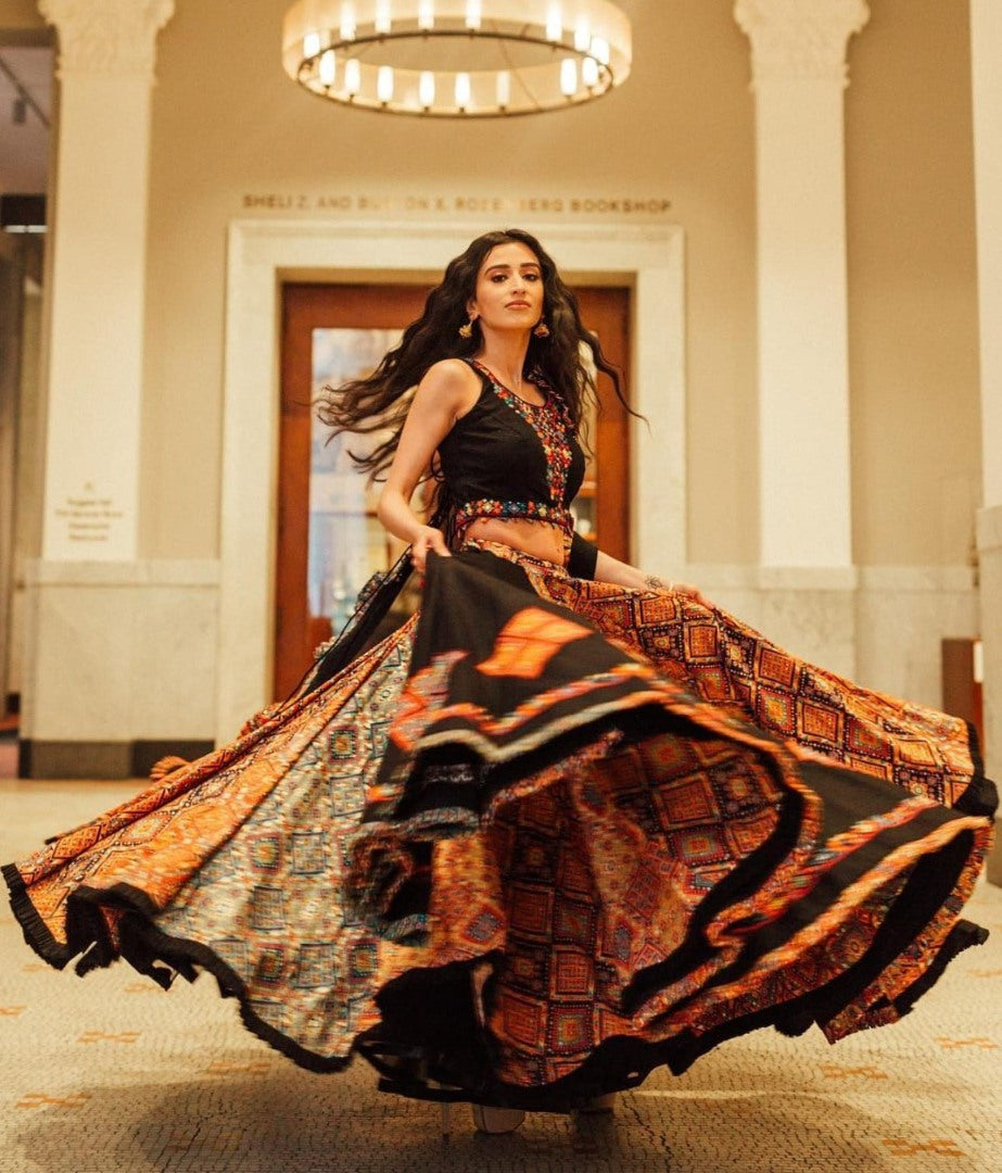 Black cotton print and mirror work gujarati garba ghagra navratri lehenga chaniya choli