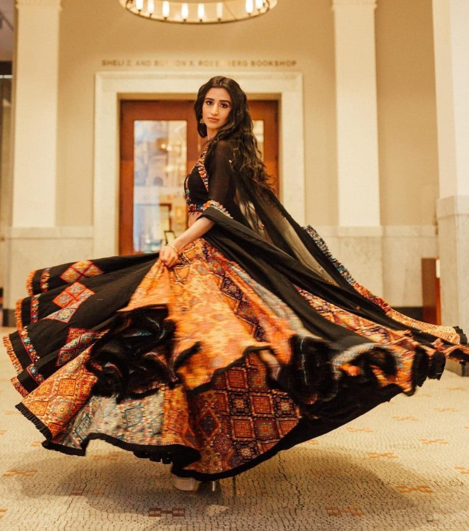 Black cotton print and mirror work gujarati garba ghagra navratri lehenga chaniya choli