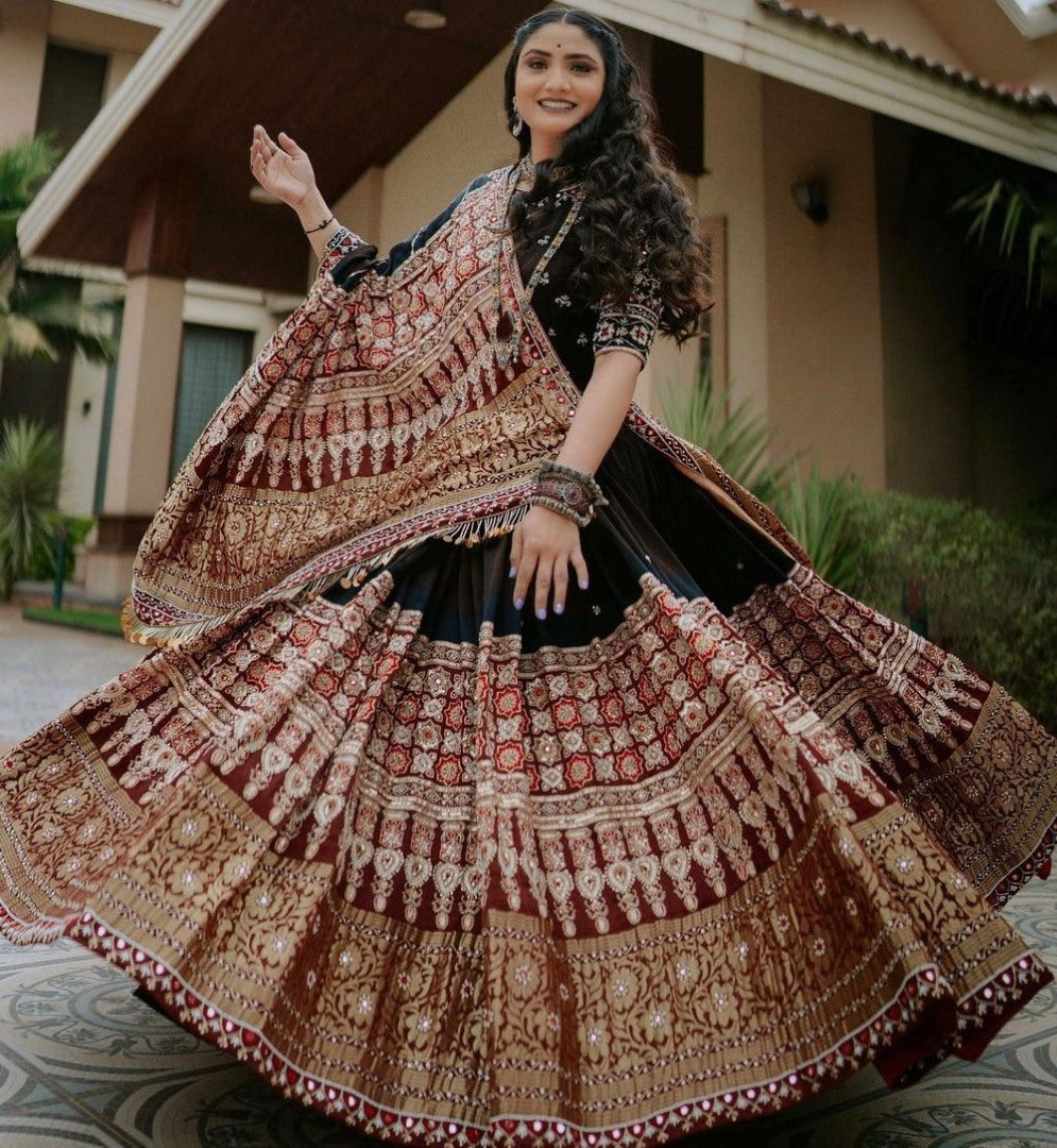 Black cotton print and mirror work gujarati garba navratri lehenga chaniya choli