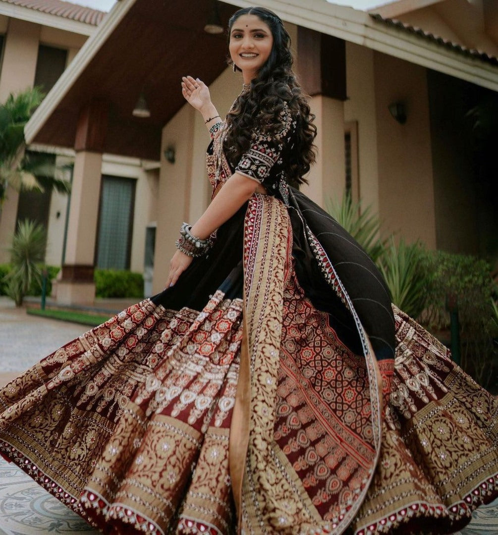 Black cotton print and mirror work gujarati garba navratri lehenga chaniya choli