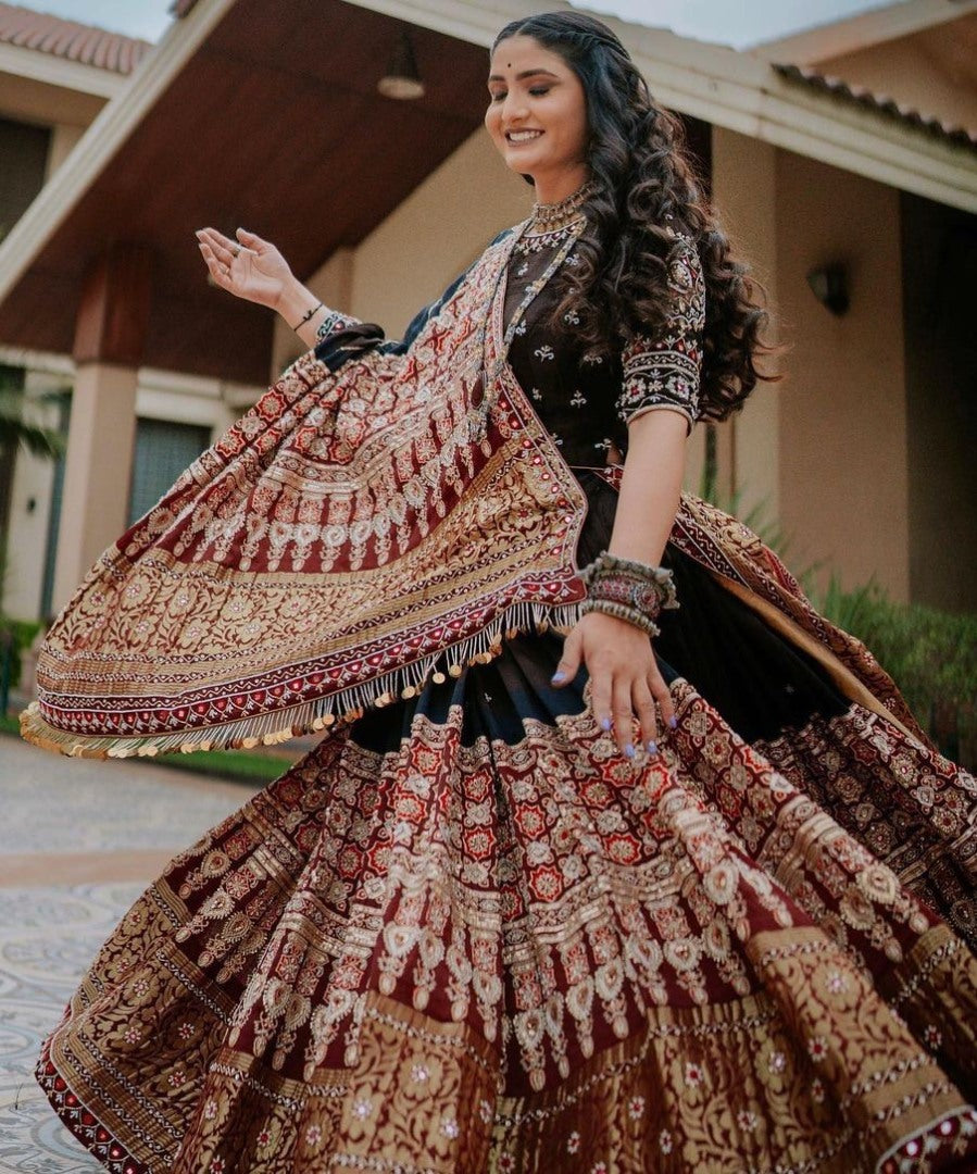 Black cotton print and mirror work gujarati garba navratri lehenga chaniya choli