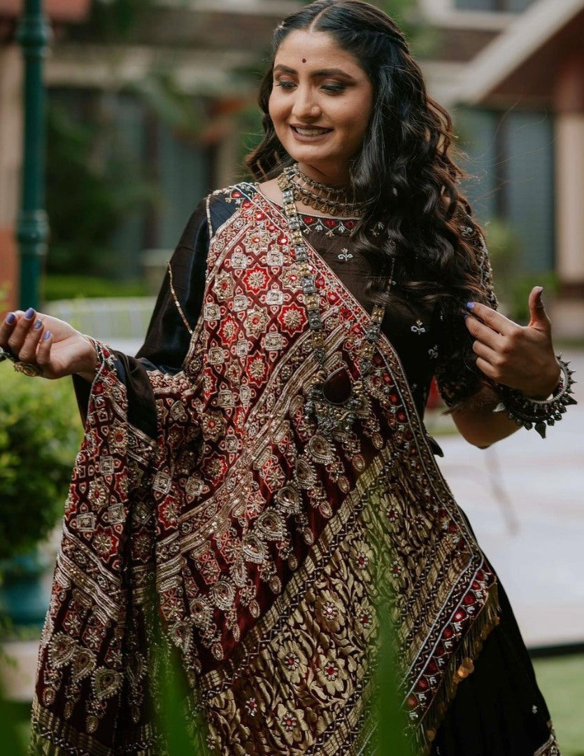 Black cotton print and mirror work gujarati garba navratri lehenga chaniya choli