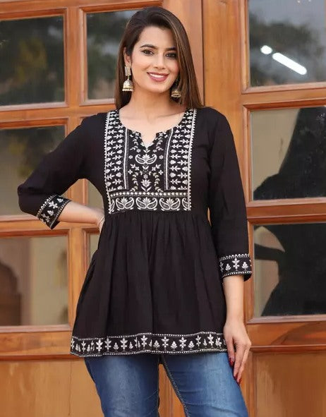 Black cotton printed short kurti