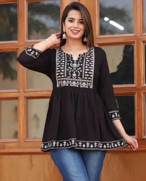 Black cotton printed short kurti