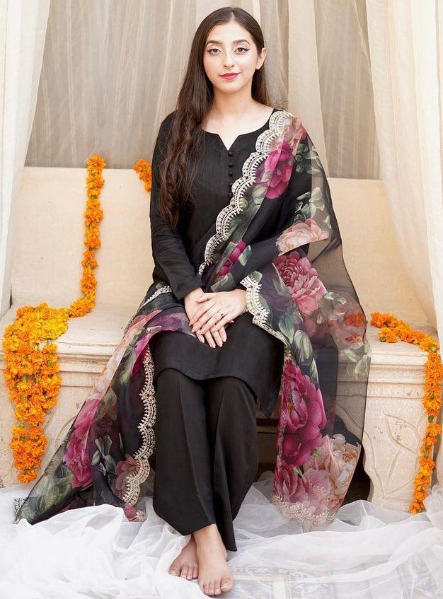 Black cotton silk party wear palazzo suit with printed dupatta