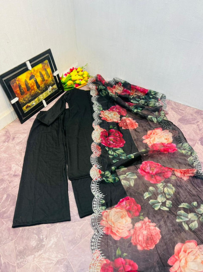 Black cotton silk party wear palazzo suit with printed dupatta