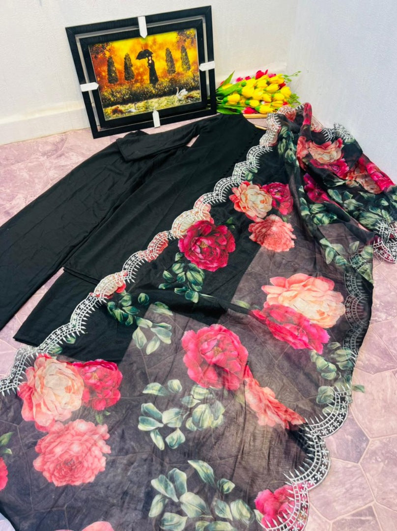 Black cotton silk party wear palazzo suit with printed dupatta