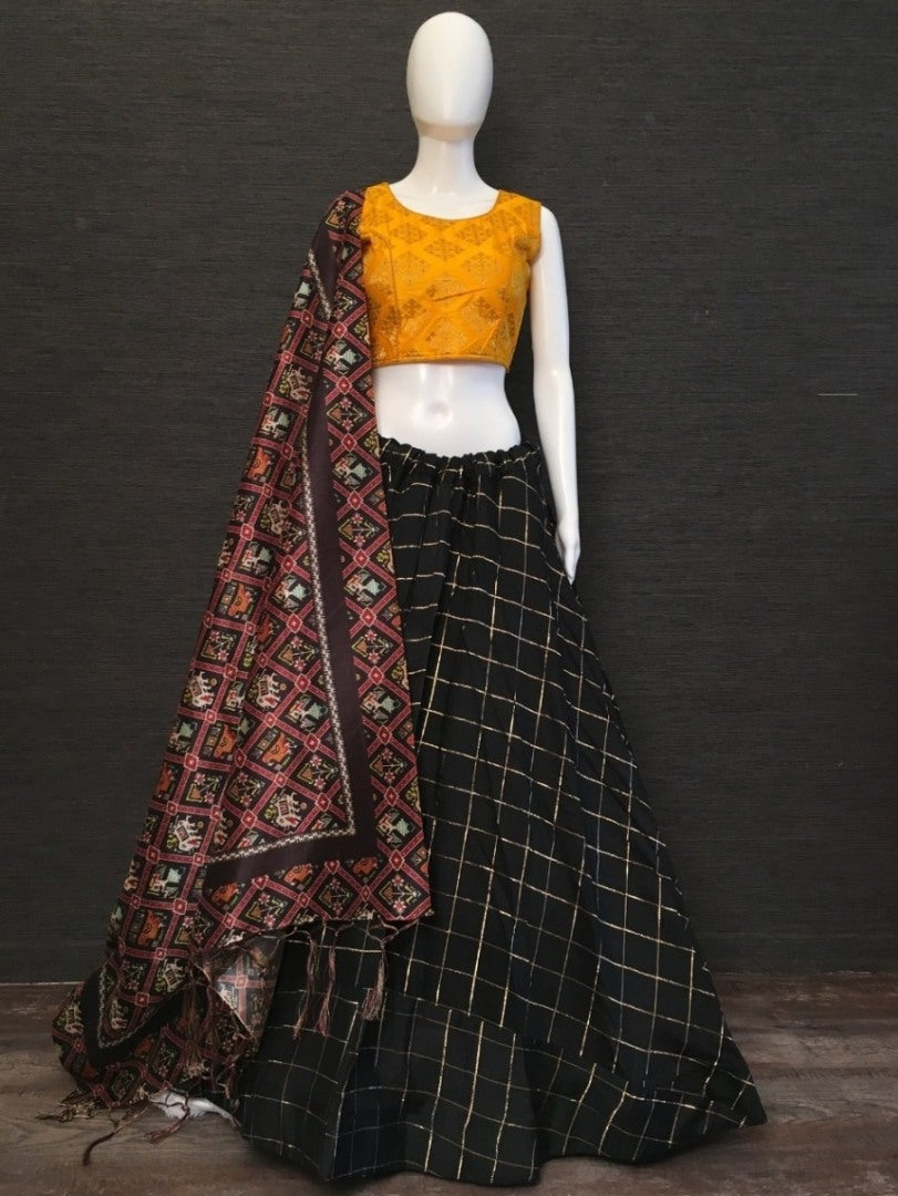 Black cotton woven chex lehenga choli