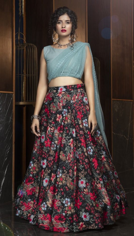 Black crepe embroidered flower printed party wear lehenga choli