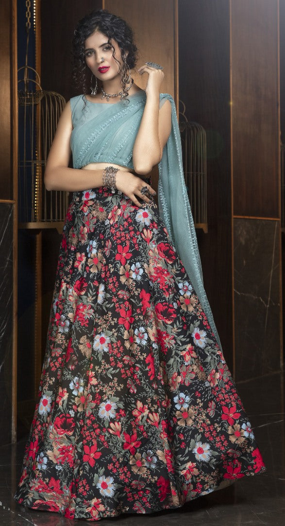 Black crepe embroidered flower printed party wear lehenga choli