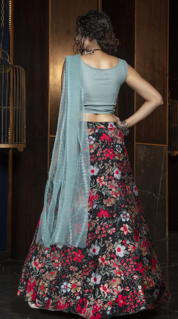 Black crepe embroidered flower printed party wear lehenga choli