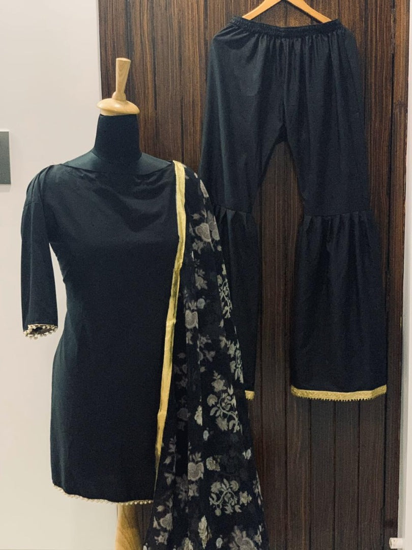 Black crepe sharara suit with printed dupatta