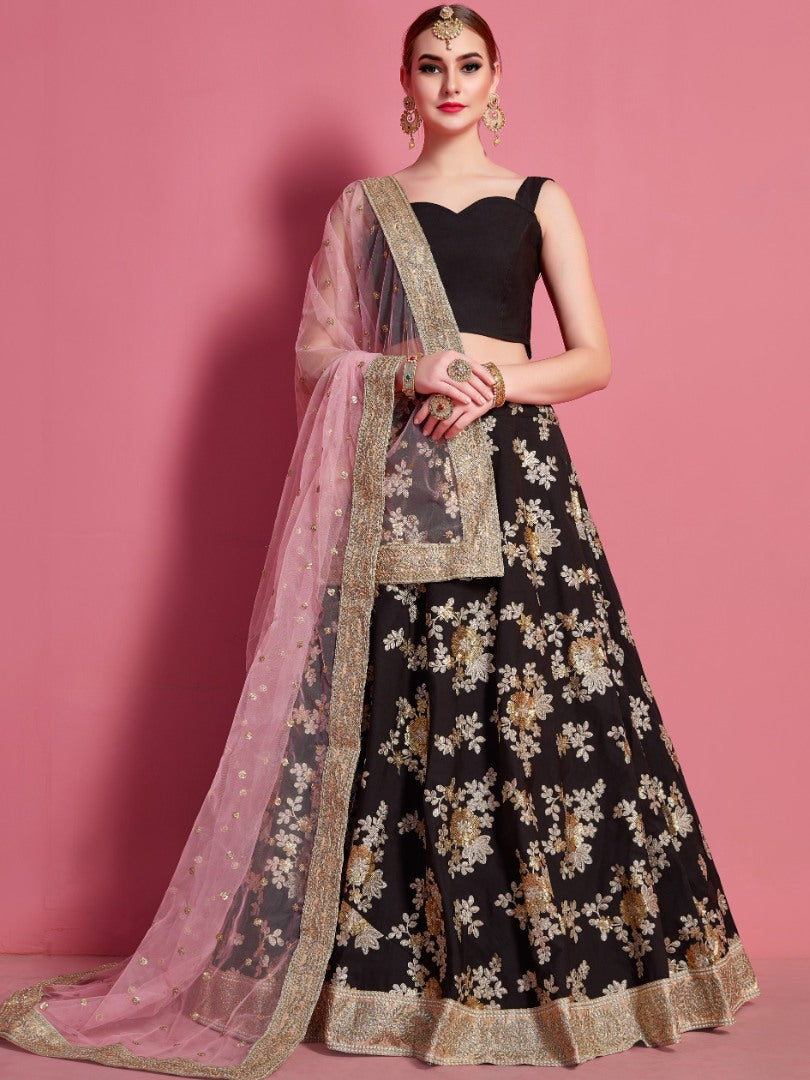 Black crepe silk embroidered work party wear lehenga choli
