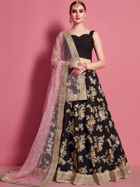 Black crepe silk embroidered work party wear lehenga choli