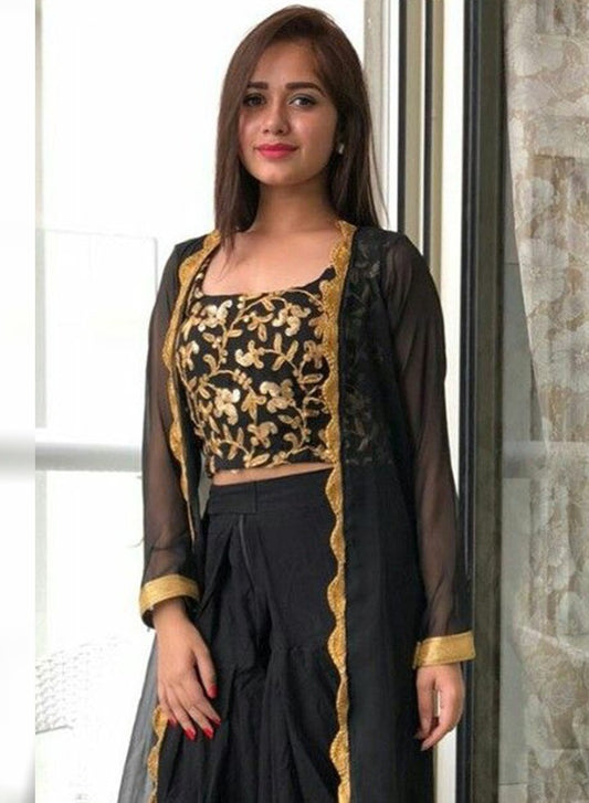 Black designer embroidered indowestern plazzo suit with shrug