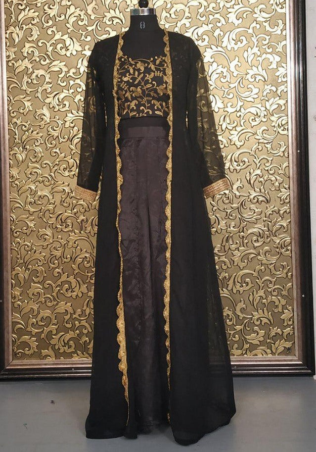 Black designer embroidered indowestern plazzo suit with shrug