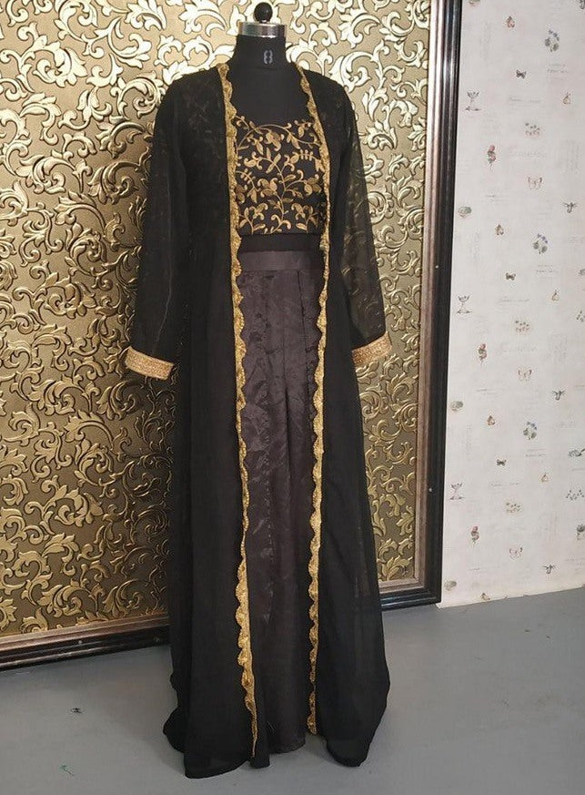 Black designer embroidered indowestern plazzo suit with shrug