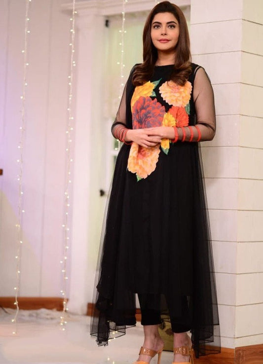 Black digital flower printed suit with shrug