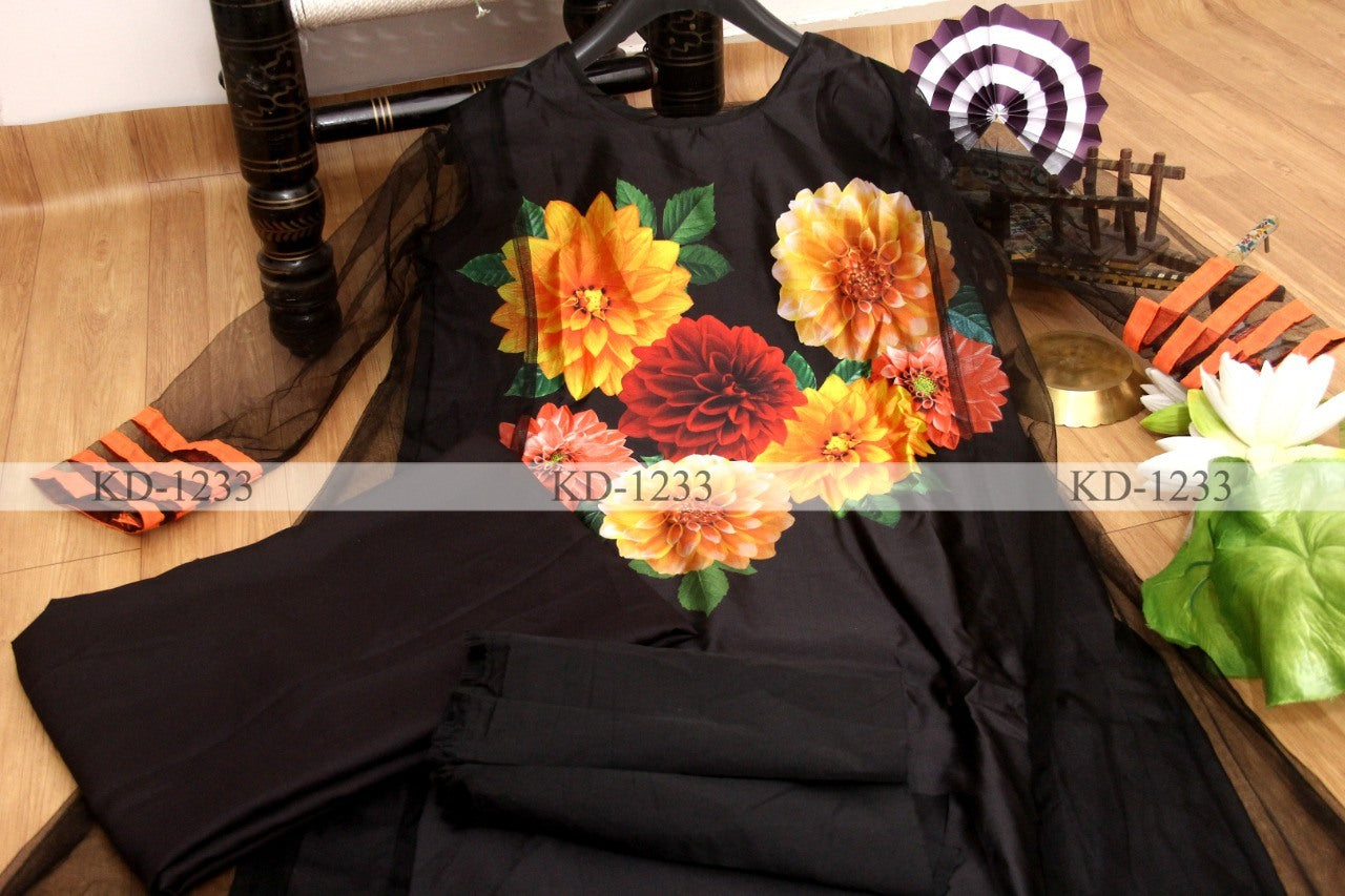 Black digital flower printed suit with shrug