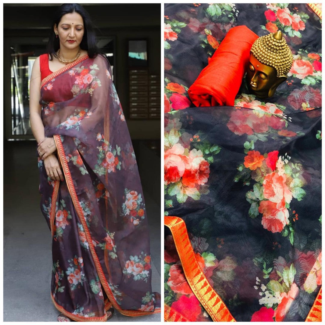 black digital printed flower orgenza saree