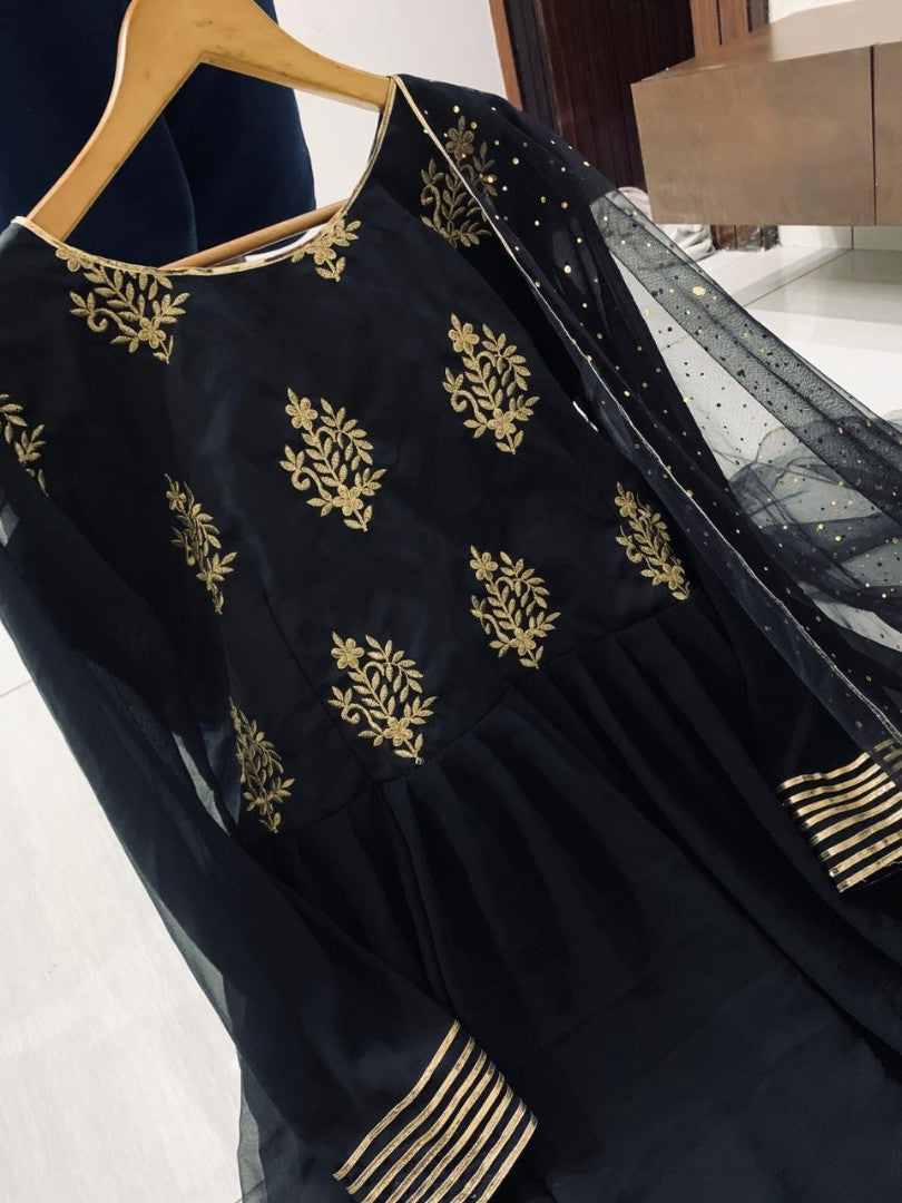 Black embroidery worked long anarkali suit