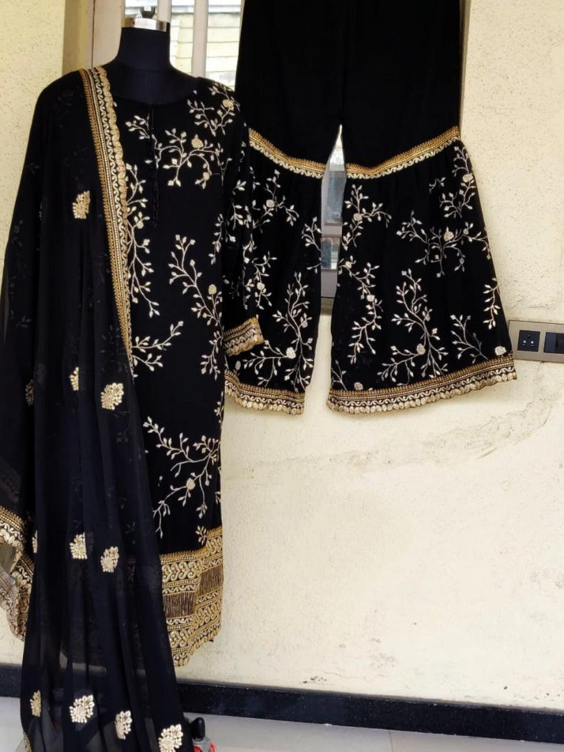 Black faux georgette designer emboridered wedding plazzo salwar suit