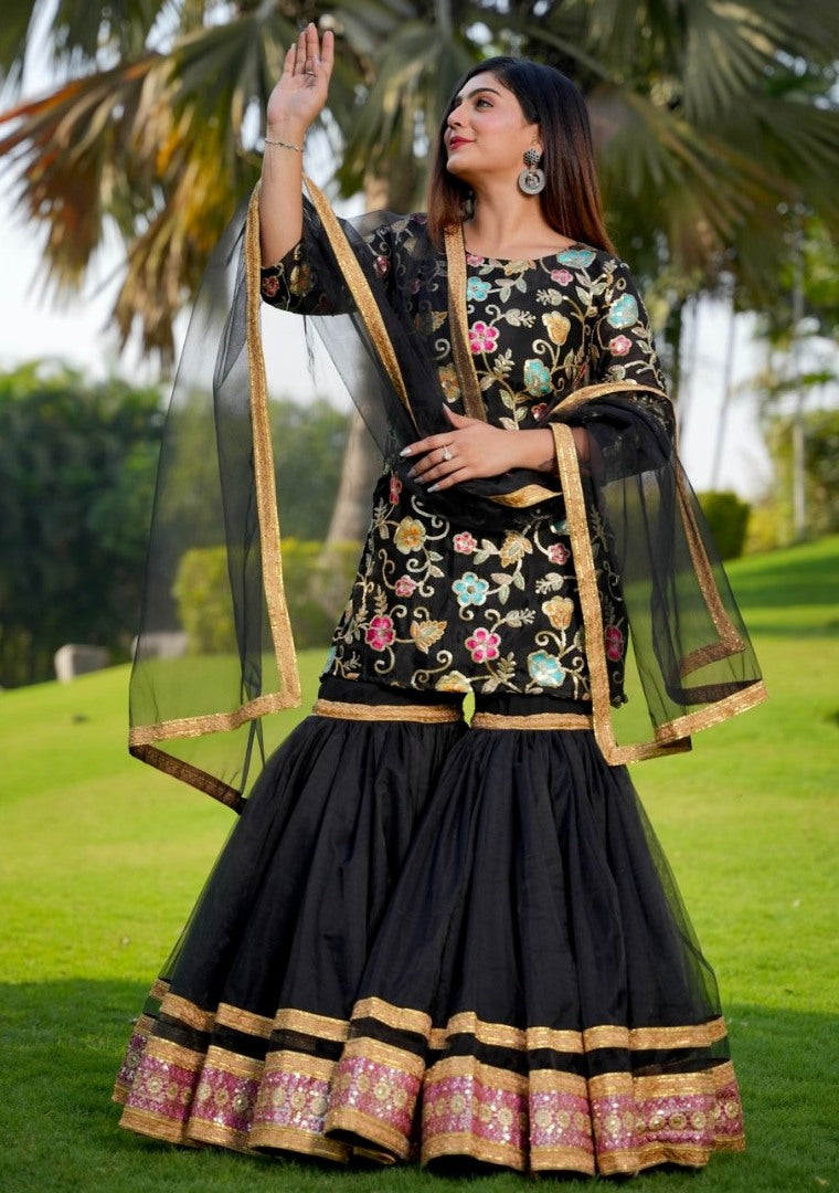Black finon silk heavy embroidered sharara suit
