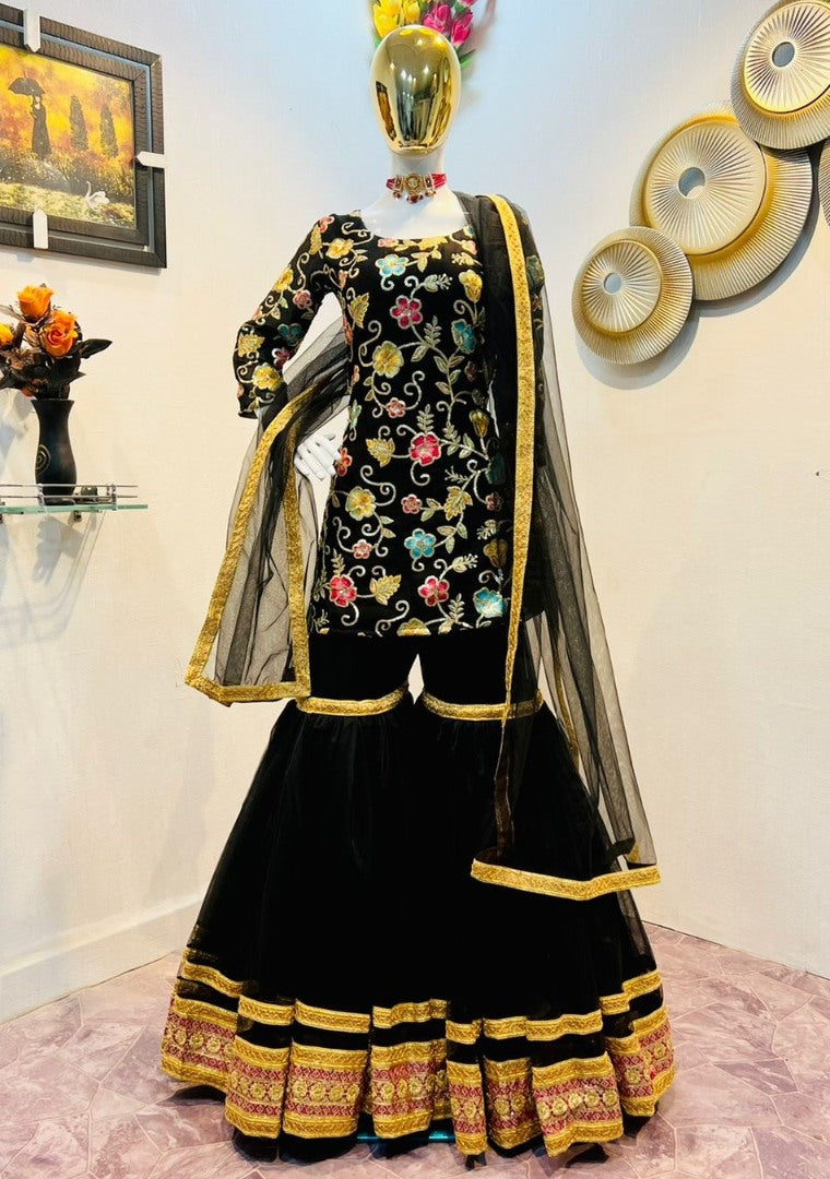 Black finon silk heavy embroidered sharara suit