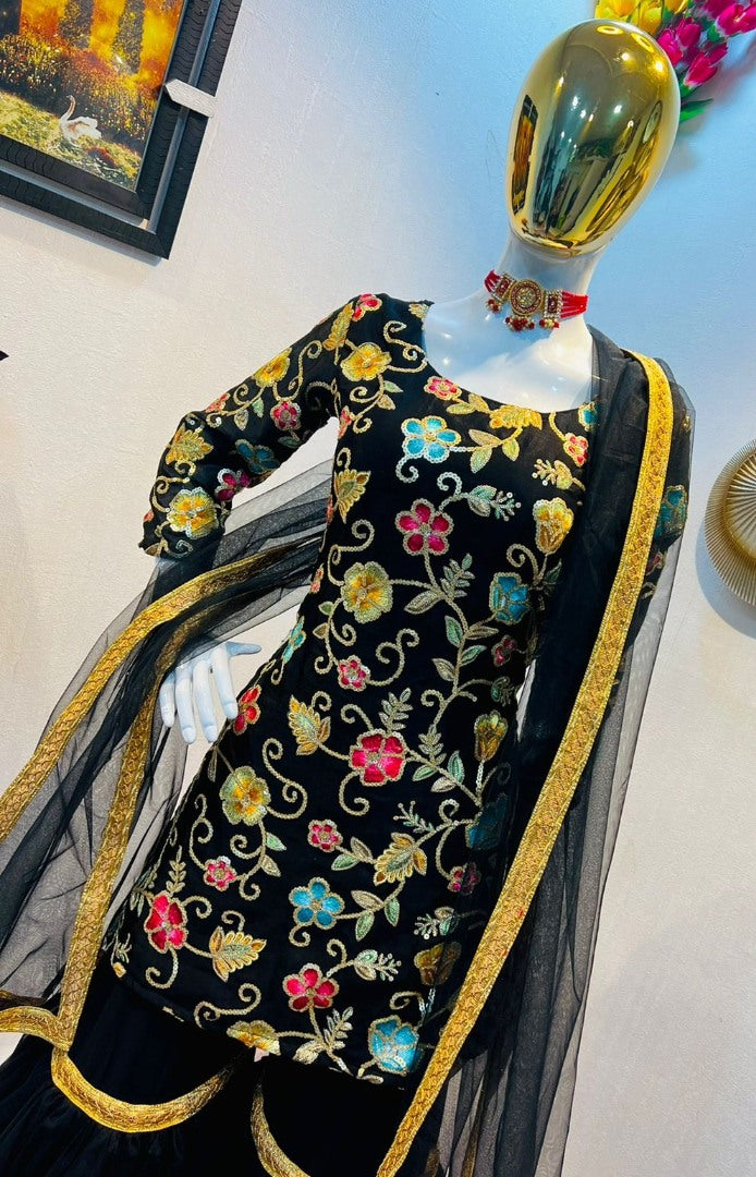 Black finon silk heavy embroidered sharara suit