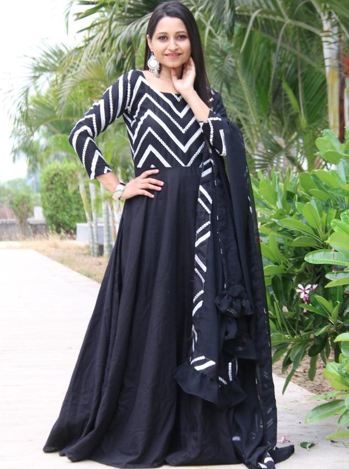 Black flax cotton with embroidered work party wear gown