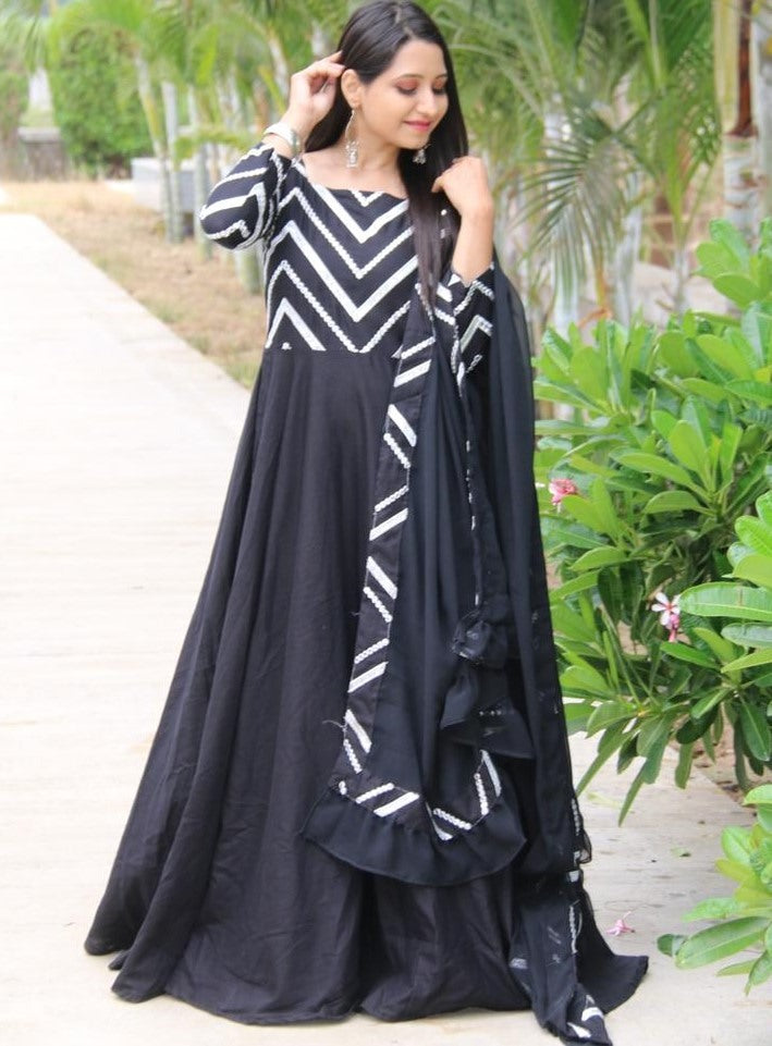 Black flax cotton with embroidered work party wear gown